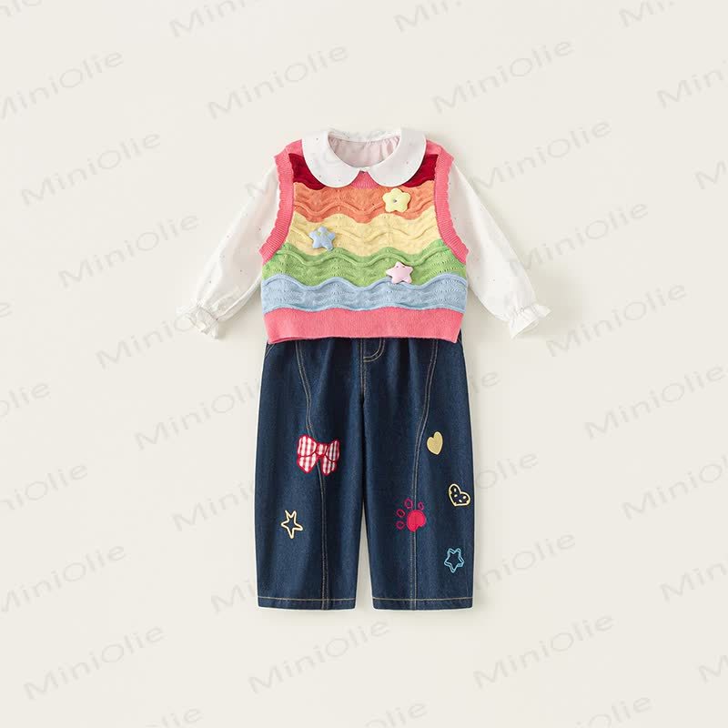 幼児用女の子用スターベスト/ホワイトシャツ/ブルージーンズ - image 1