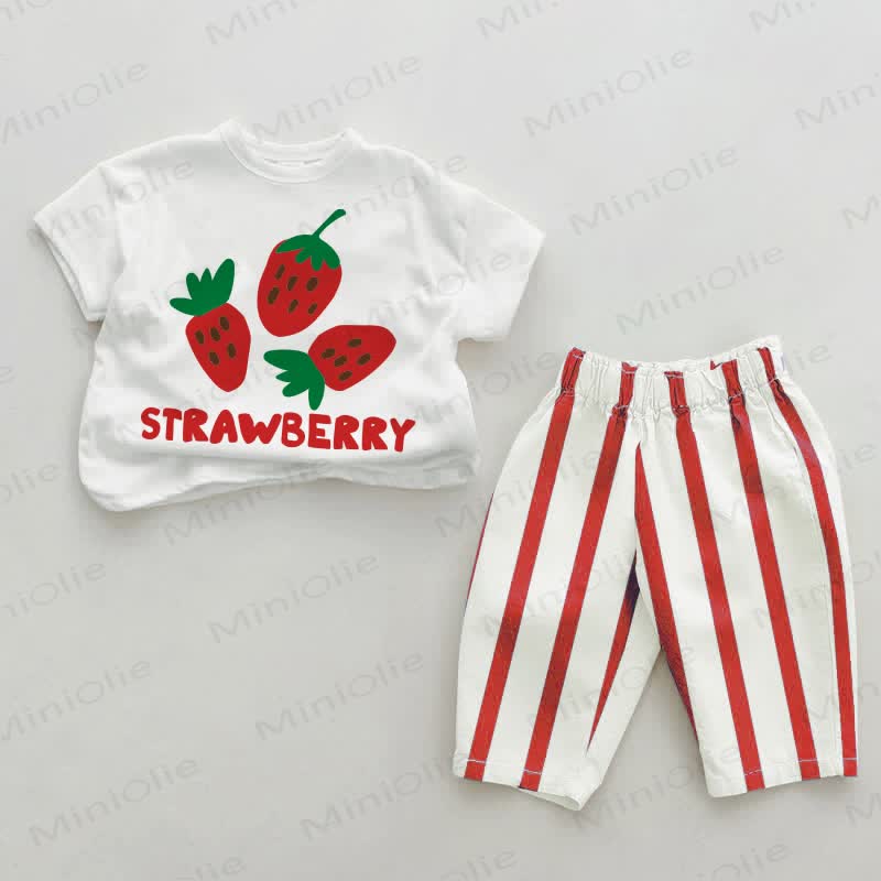 STRAWBERRYベビーレッド 縦縞 2点セット - ホワイト＆レッド - 2～3歳 - image 1