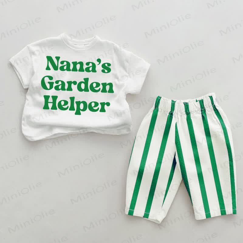 NANA'S GARDEN HELPERベビー 縦縞 2点セット - ホワイト＆グリーン - 2～3歳 - image 1