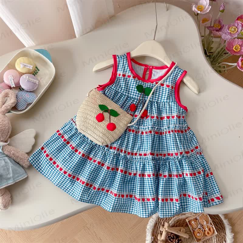 編み込みバッグ付きチェリー柄Dress幼児用ドレス - 青 - 5～7歳 - image 1