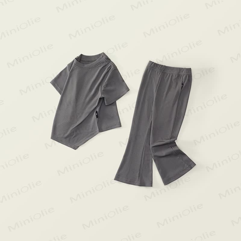 幼児用ニット半袖トップスとフレアパンツの2ピースセット - グレー - 10歳 - image 3