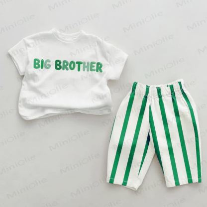 BIG BROTHERベビーグリーン 縦縞 2点セット - ホワイト＆グリーン - 2～3歳 - image 1