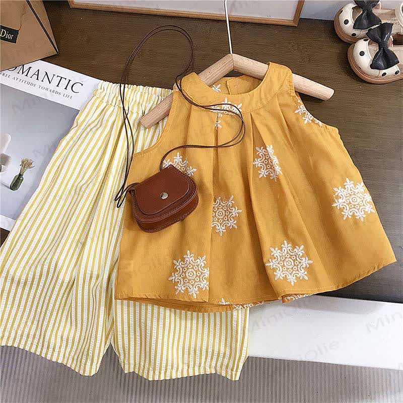 幼児用刺繍入りTシャツとストライプパンツの2ピースセット - 黄色 - 8-9T - image 1