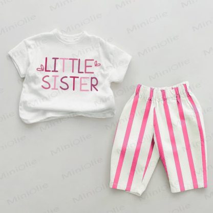 LITTLE SISTERベビーピンク 縦ストライプ 2点セット - ホワイト＆ピンク - 2～3歳 - image 1