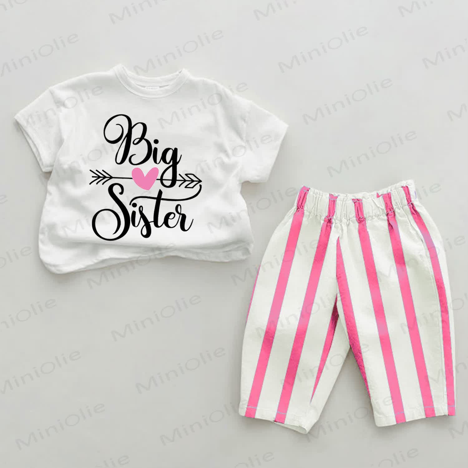 BIG SISTERベビーTシャツ ピンクストライプパンツ 2点セット - ホワイト＆ピンク - 2～3歳 - image 1