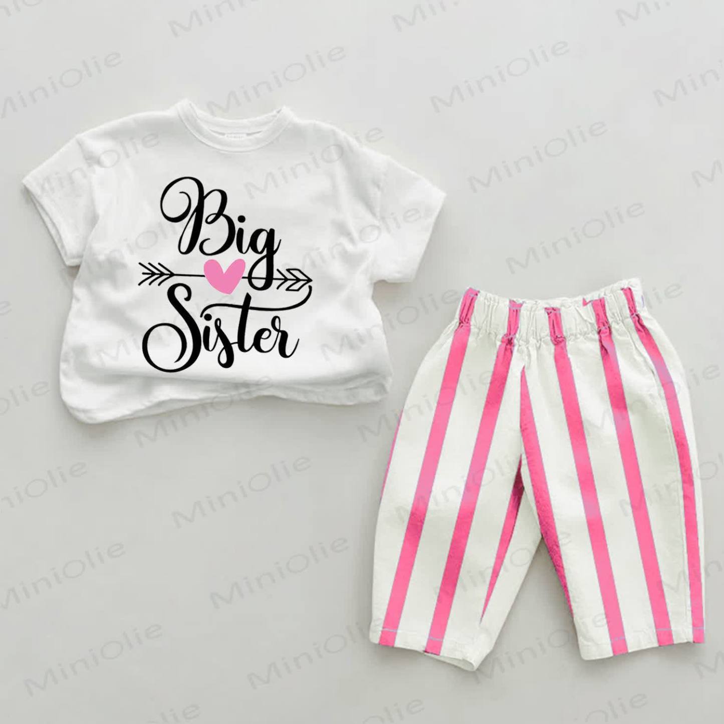 BIG SISTERベビーTシャツ ピンクストライプパンツ 2点セット - ホワイト＆ピンク - 2～3歳 - image 1