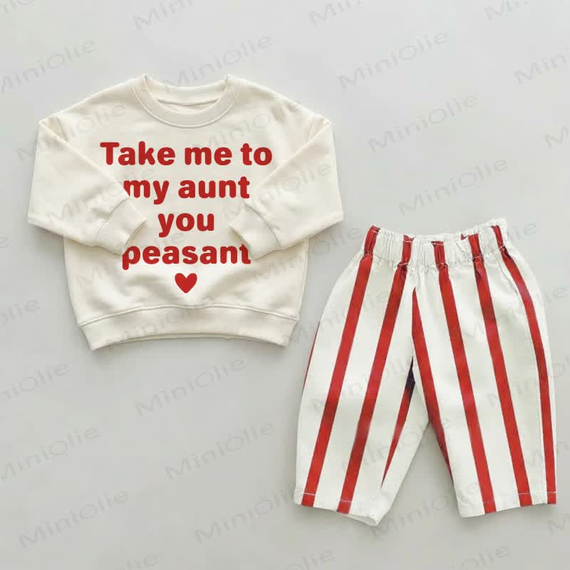 TAKE ME TO MY AUNT YOU PEASANT幼児用赤ストライプパンツ2点セット - ベージュ＆レッド - 2～3歳 - image 1