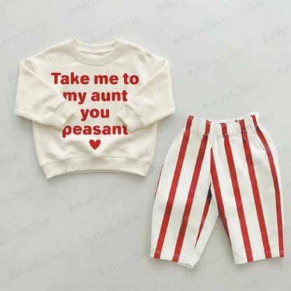 TAKE ME TO MY AUNT YOU PEASANT幼児用赤ストライプパンツ2点セット - ベージュ＆レッド - 2～3歳 - image 1