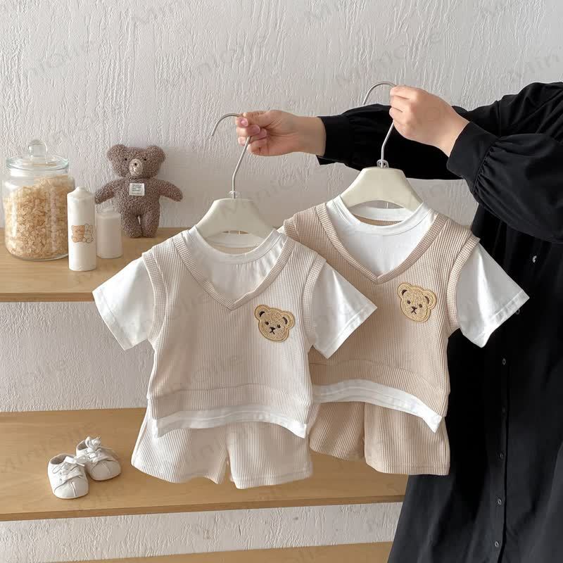 ベビー幼児用フェイクTシャツとショーツ2枚セット（ワッフル） - image 1