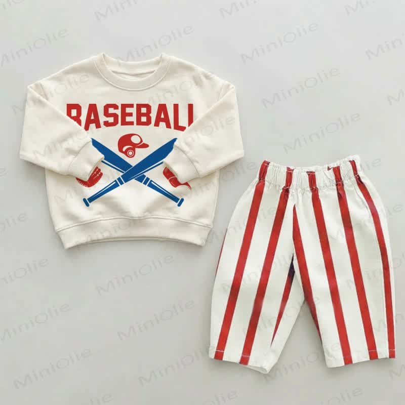 BASEBALL幼児用 赤ストライプパンツ 2点セット - ベージュ＆レッド - 2～3歳 - image 1
