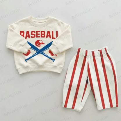 BASEBALL幼児用 赤ストライプパンツ 2点セット - ベージュ＆レッド - 2～3歳 - image 1