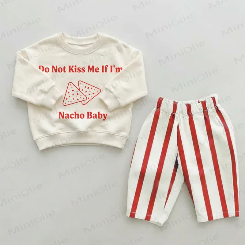 「DO NOT KISS ME IF I'M NACHO BABY幼児用赤ストライプパンツ2点セット - ベージュ＆レッド - 2～3歳 - image 1