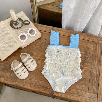 幼児用女の子用フローラル柄ブルーワンピース水着 - image 1