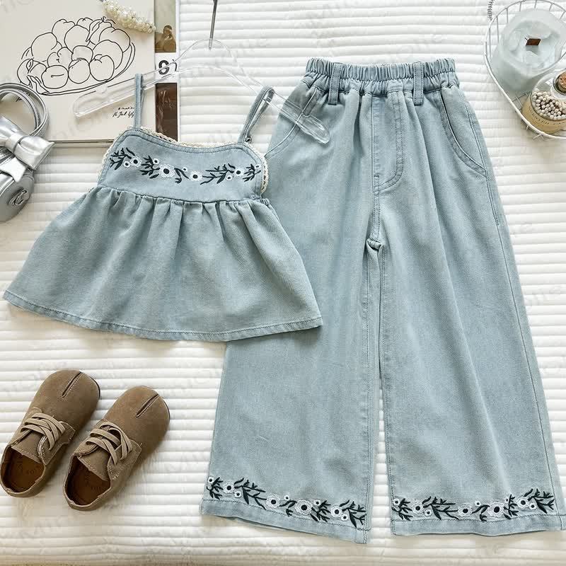 幼児用刺繍タンクトップとパンツのデニムセット - 青 - 8-9T - image 1