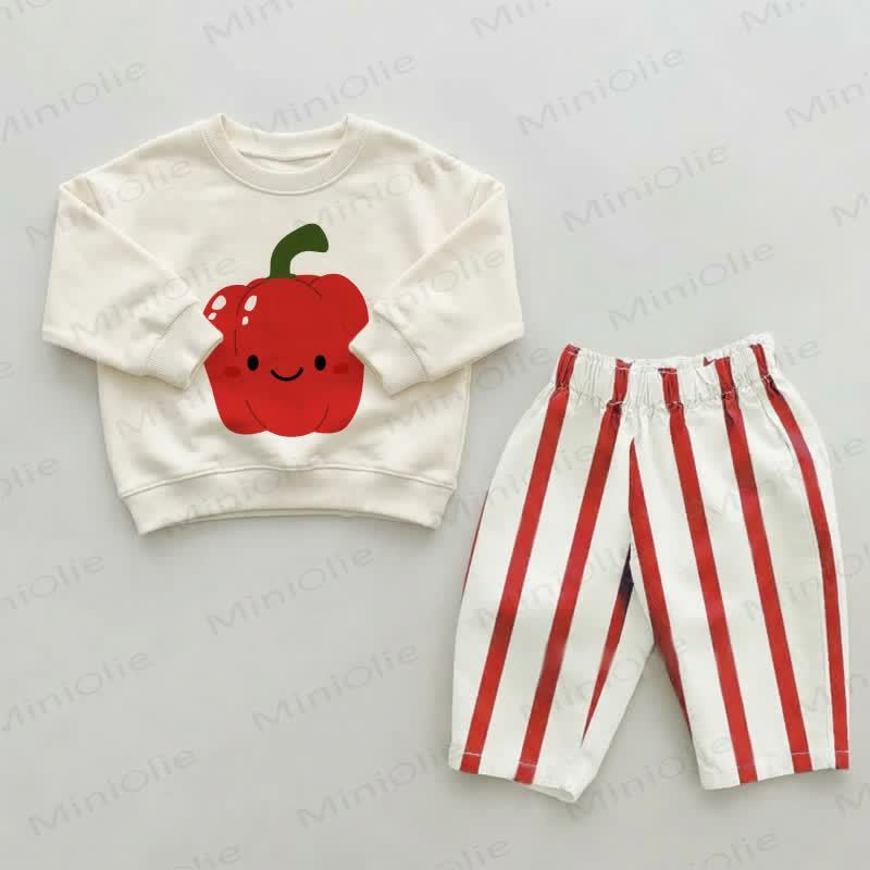 ベビー幼児用スマイルペッパーレッドストライプパンツ2点セット - ベージュ＆レッド - 2～3歳 - image 1