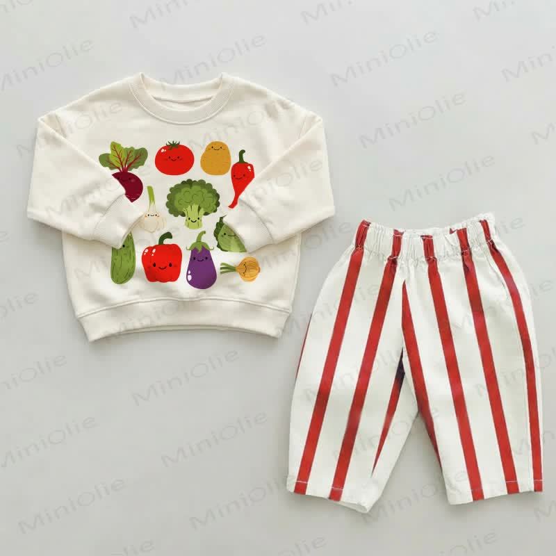 ベビー幼児用かわいい野菜柄赤ストライプパンツ2点セット - ベージュ＆レッド - 2～3歳 - image 1