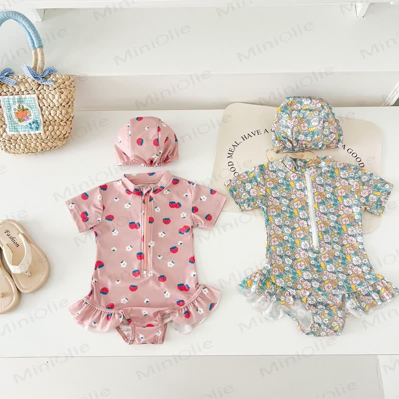 幼児用女の子用イチゴ/花柄ジップアップ水着（帽子付き） - image 2