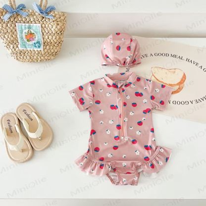 幼児用女の子用イチゴ/花柄ジップアップ水着（帽子付き） - ピンク - 4～5歳 - image 4