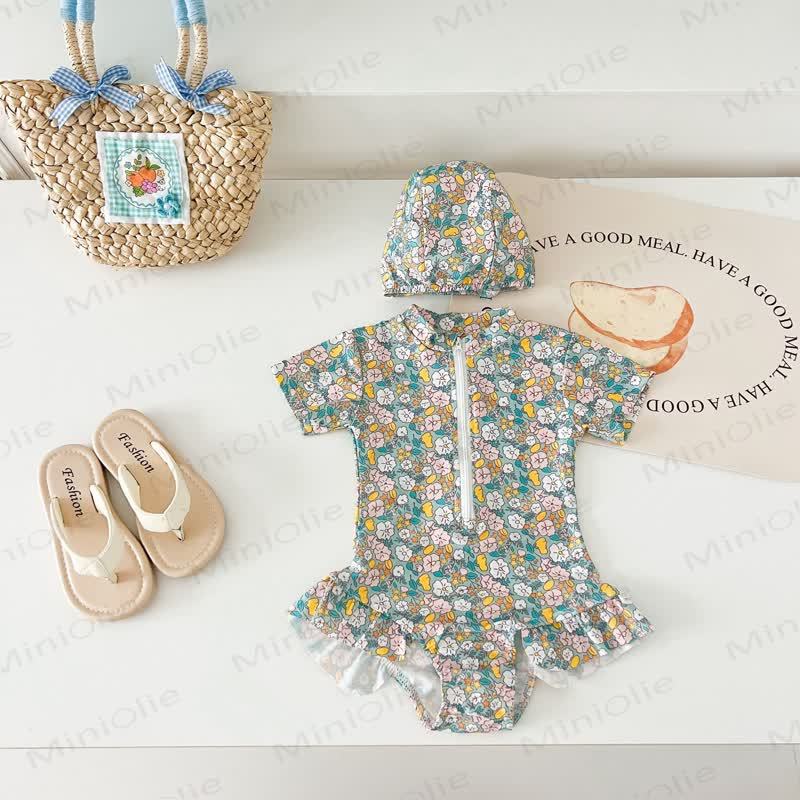 幼児用女の子用イチゴ/花柄ジップアップ水着（帽子付き） - 緑 - 4～5歳 - image 9