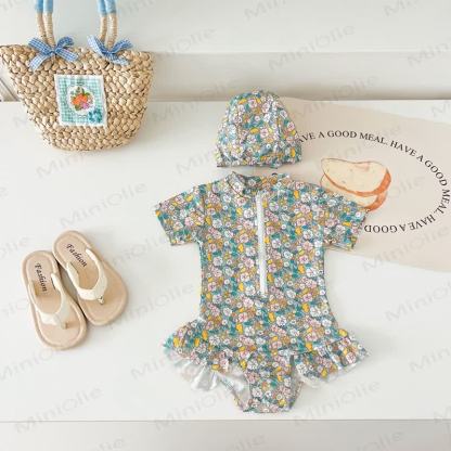 幼児用女の子用イチゴ/花柄ジップアップ水着（帽子付き） - 緑 - 4～5歳 - image 9