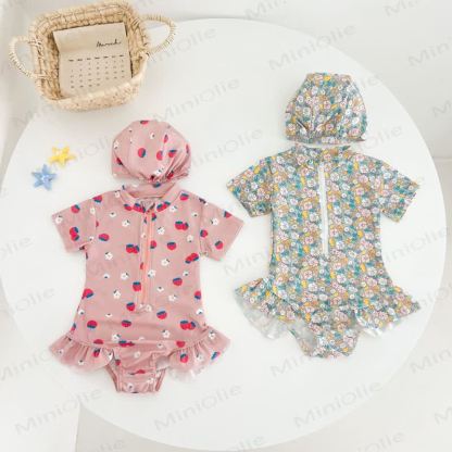 幼児用女の子用イチゴ/花柄ジップアップ水着（帽子付き） - image 3