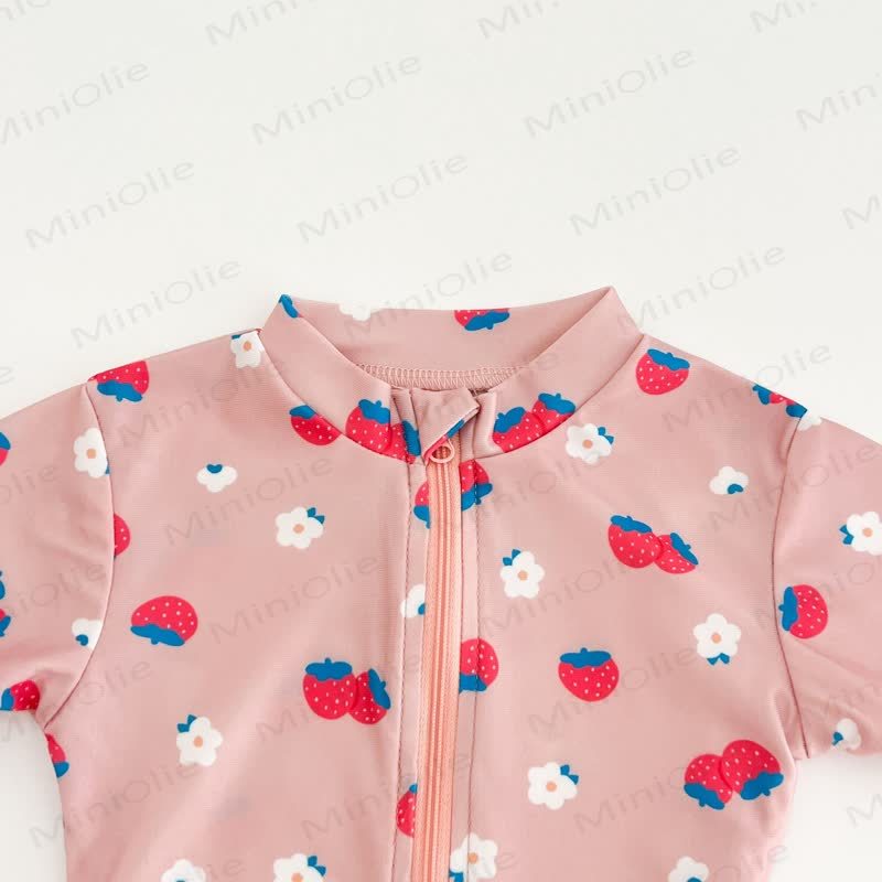 幼児用女の子用イチゴ/花柄ジップアップ水着（帽子付き） - image 5