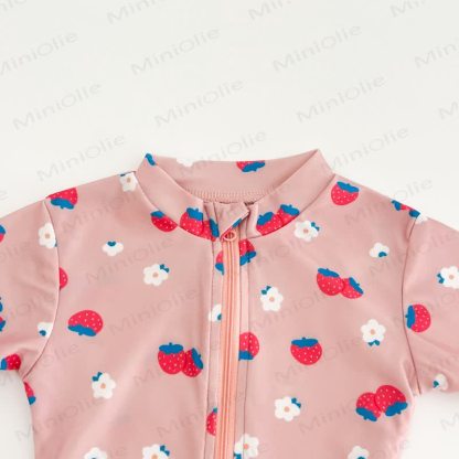 幼児用女の子用イチゴ/花柄ジップアップ水着（帽子付き） - image 5