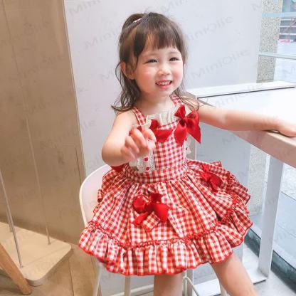幼児用女の子用レッドチェック柄ノースリーブDress - image 5