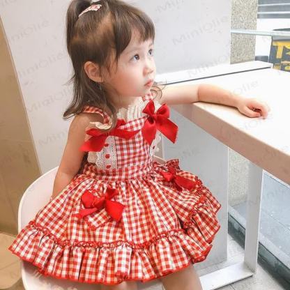幼児用女の子用レッドチェック柄ノースリーブDress - image 6