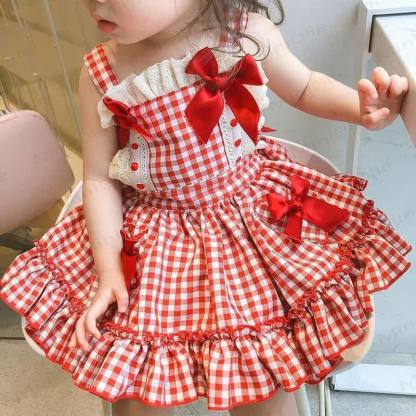 幼児用女の子用レッドチェック柄ノースリーブDress - image 7