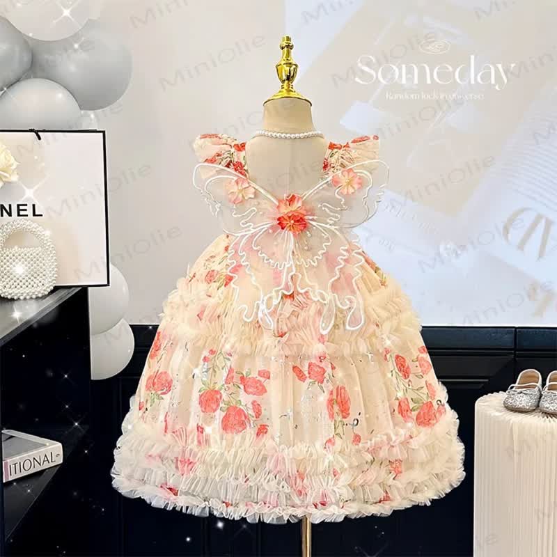 幼児の女の子の誕生日用バタフライフラワーDress - ピンク - 6～7歳 - image 1