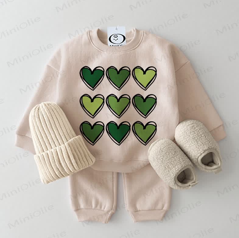 ベビーグリーンのハート柄スウェットシャツ2点セット（ベージュ） - ベージュ - 2～3歳 - image 1