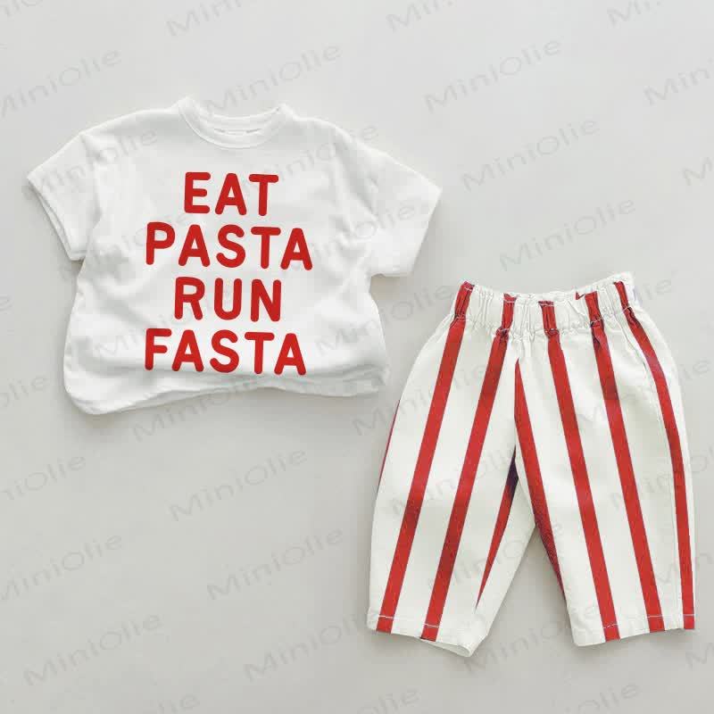EAT PASTA RUN FASTAベビーレッド縦ストライプ2点セット - 白と赤 - 2～3歳 - image 1