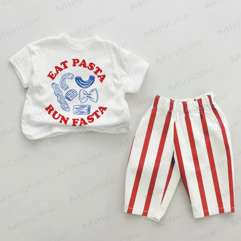 EAT PASTA RUN FASTAベビーレッド縦ストライプ2点セット - 白と赤 - 2～3歳 - image 1