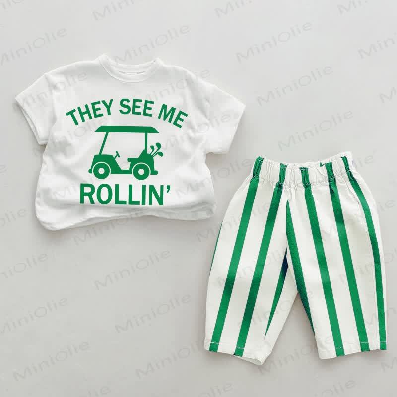 THEY SEE ME ROLLIN'ベビーグリーン縦ストライプ2点セット - ホワイト＆グリーン - 2～3歳 - image 1
