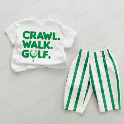 CRAWL. WALK. GOLF.ベビーグリーン縦ストライプ2点セット - ホワイト＆グリーン - 2～3歳 - image 1