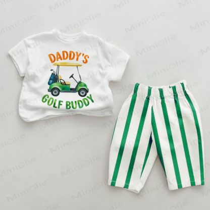 DADDY'S GOLF BUDDYベビーグリーン 縦ストライプ 2点セット - ホワイト＆グリーン - 2～3歳 - image 1