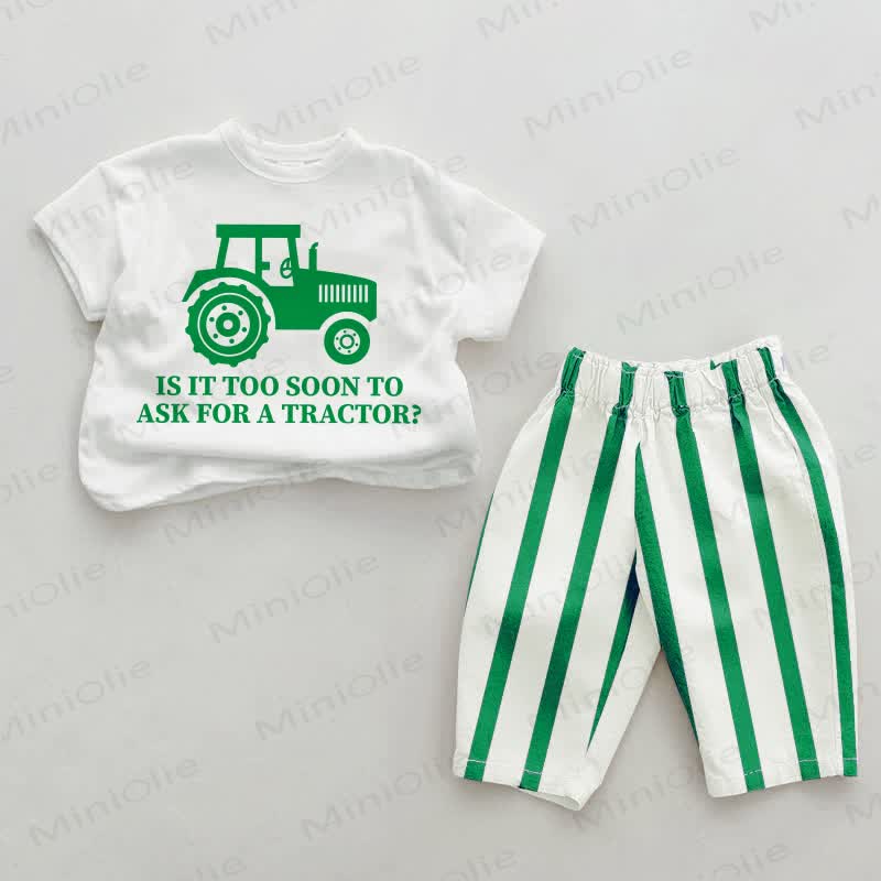 IS IT TOO SOON TO ASK FOR A TRACTOR?ベビーグリーンの縦縞模様のツーピースセット - ホワイト＆グリーン - 2～3歳 - image 1