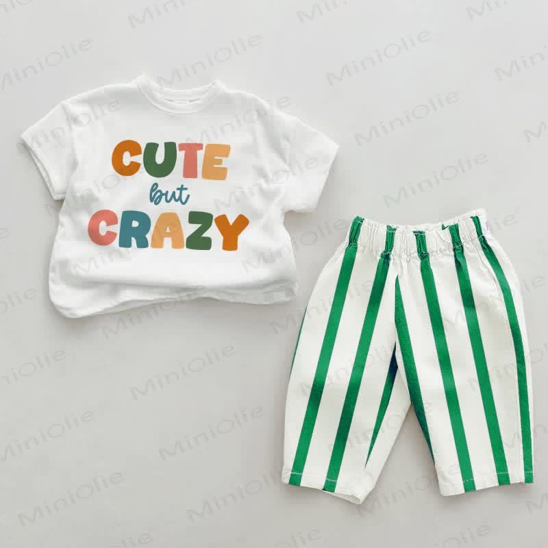 CUTE BUT CRAZYベビーグリーンの縦ストライプ柄ツーピースセット - ホワイト＆グリーン - 2～3歳 - image 1