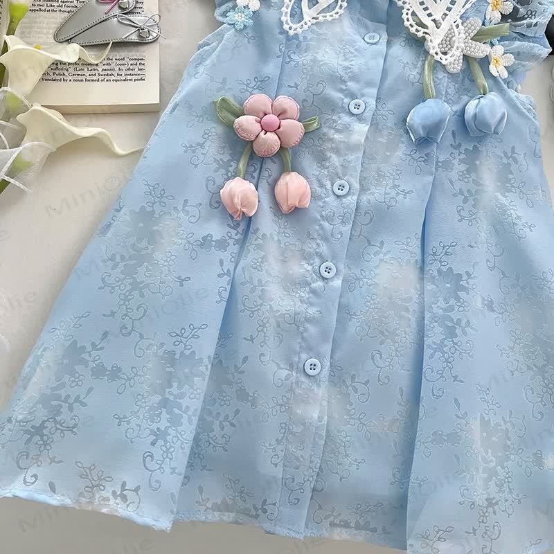 幼児用フラワーレースカラーの青いDressと帽子 - image 4