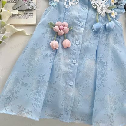 幼児用フラワーレースカラーの青いDressと帽子 - image 4