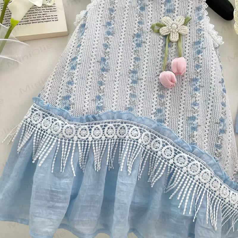 幼児用フラワーレースブルーDress（帽子付き） - image 3