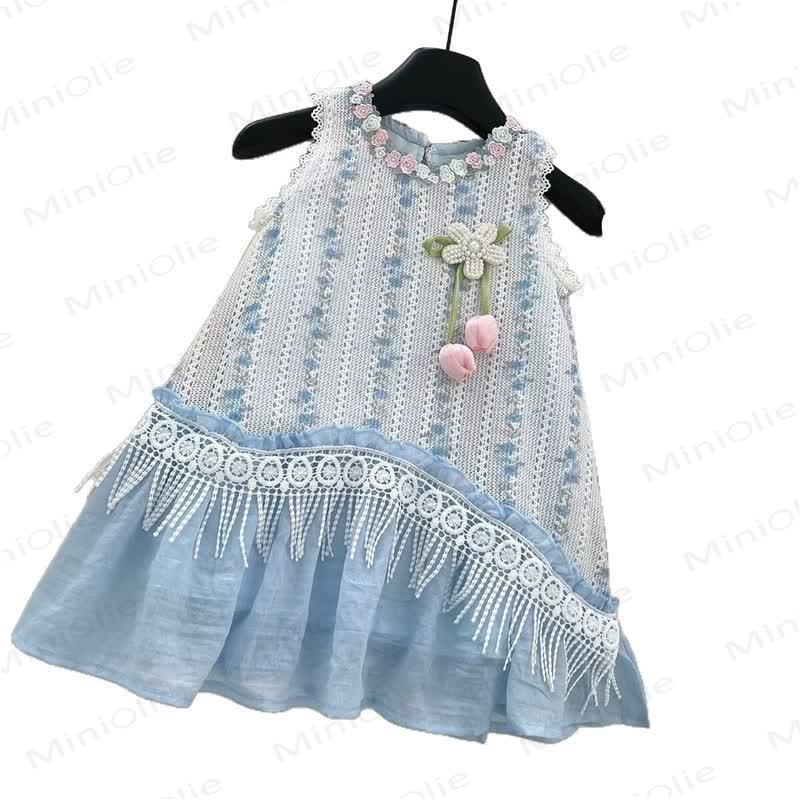 幼児用フラワーレースブルーDress（帽子付き） - image 4