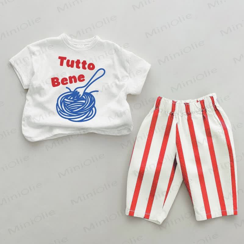 TUTTO BENEスパゲッティ ベビーレッド 縦ストライプ 2本セット - 白と赤 - 2～3歳 - image 1