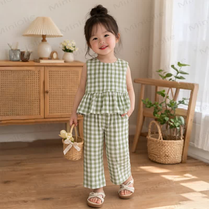 ベビー・幼児用グリーンチェック柄ノースリーブツーピースセット - 緑 - 2～3歳 - image 1