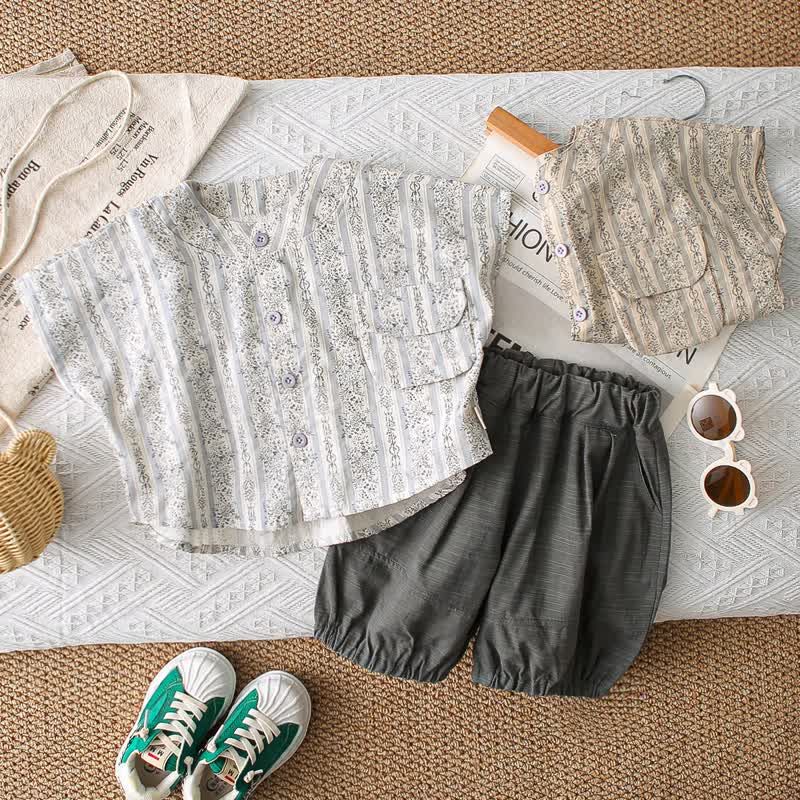 幼児用花柄シャツ＆パンツセット - グレー - 4～5歳 - image 1