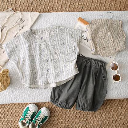 幼児用花柄シャツ＆パンツセット - グレー - 4～5歳 - image 1