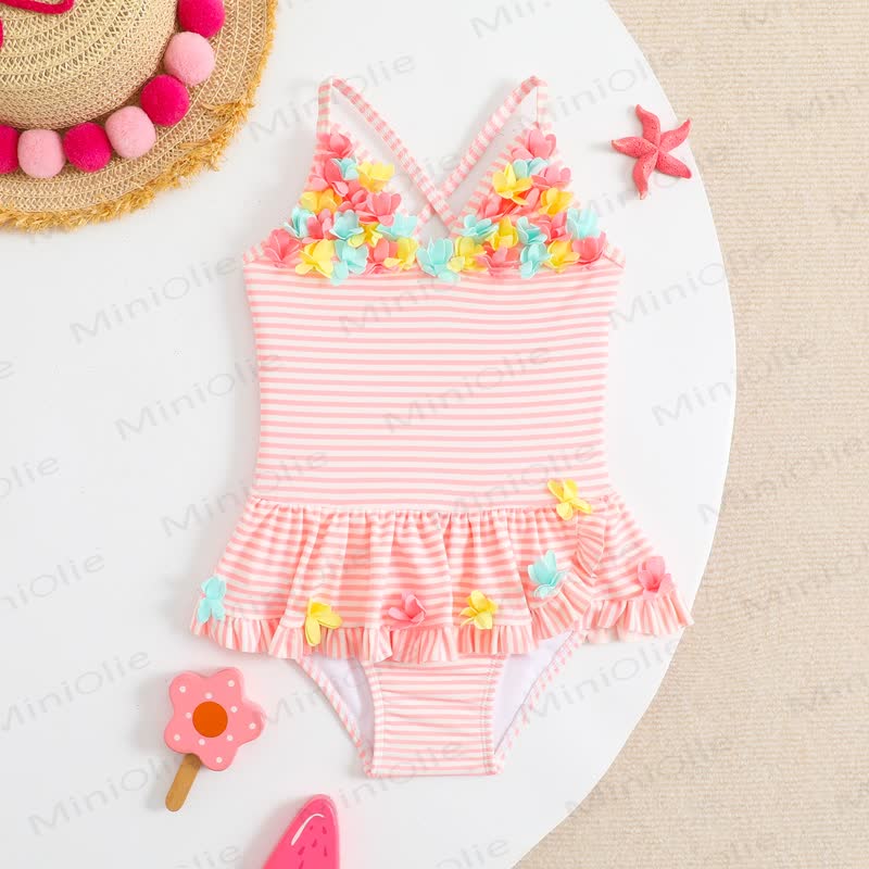 ベビー用ストライプ柄花柄水着 - ピンク - 3～4歳 - image 1