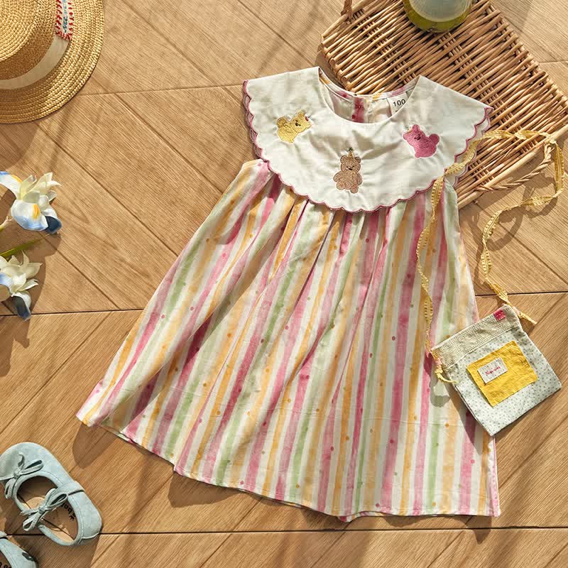 幼児用女の子向けクマ柄水彩ストライプDress - image 1