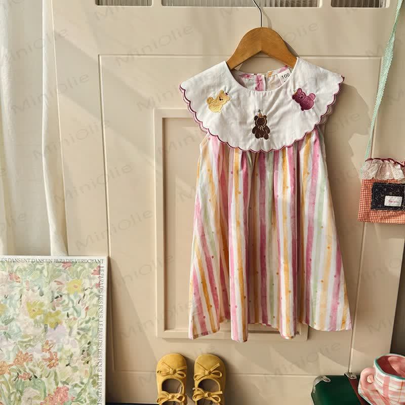 幼児用女の子向けクマ柄水彩ストライプDress - image 3